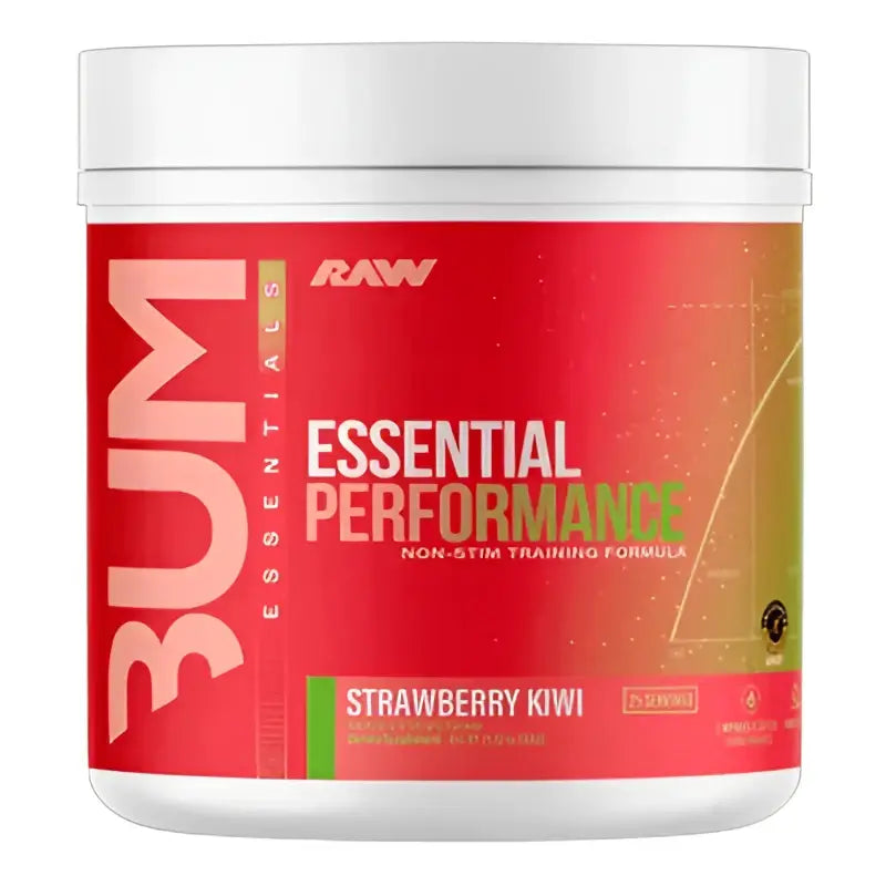 Contenedor rojo y blanco de polvo raw nutrition essential performance sabor fresa kiwi para pre entreno